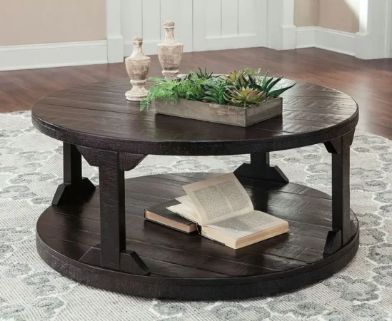 Wooden coffee table with books and decor.