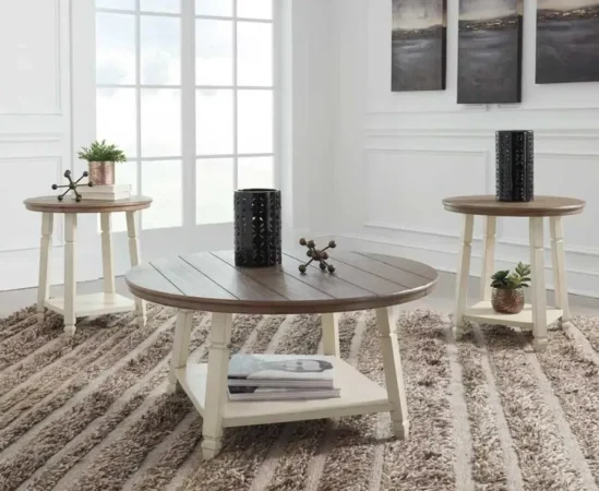 Modern wooden coffee and side tables in living room.