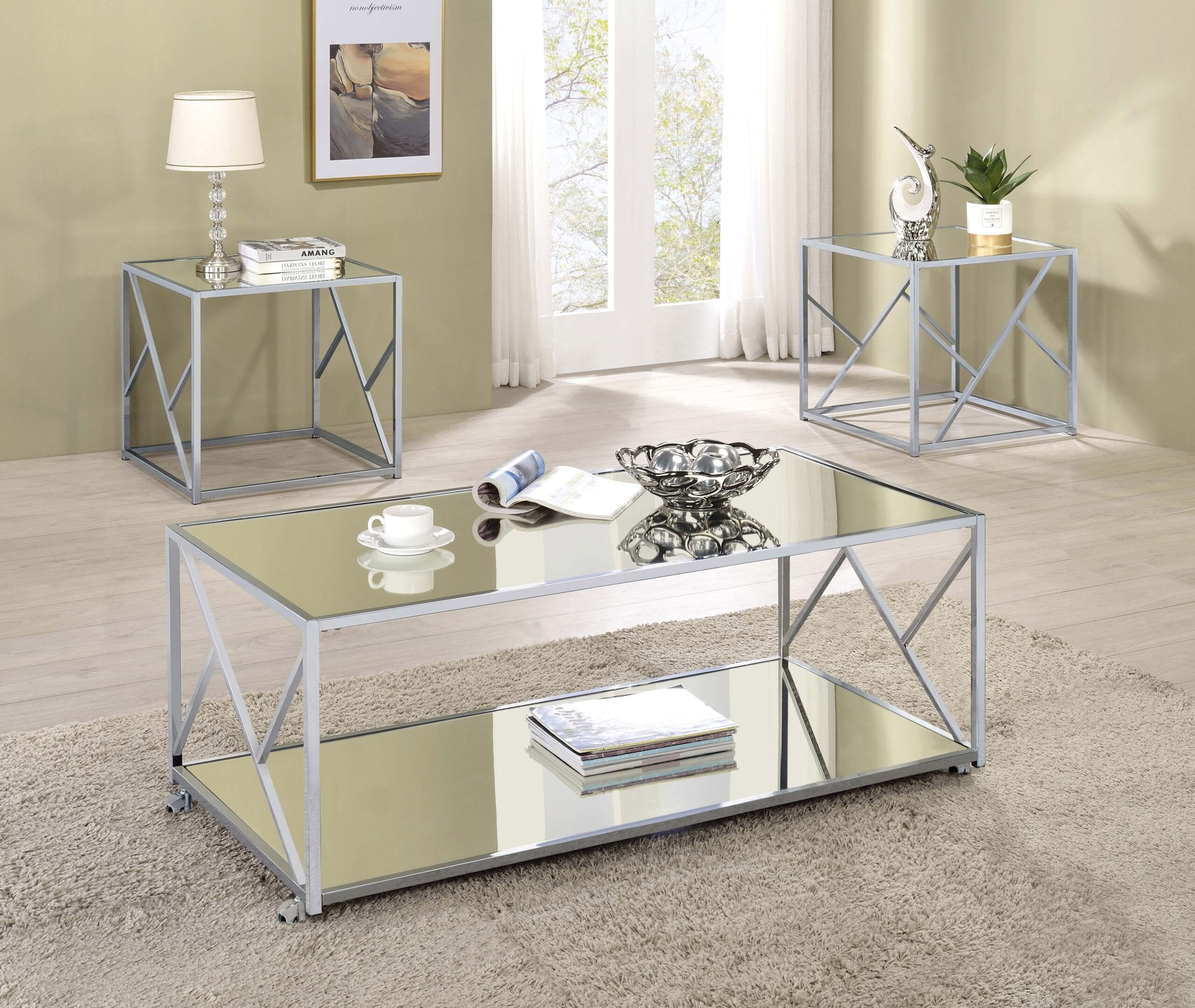 Provins 3-piece Coffee And End Table Set Mirror And Chrome