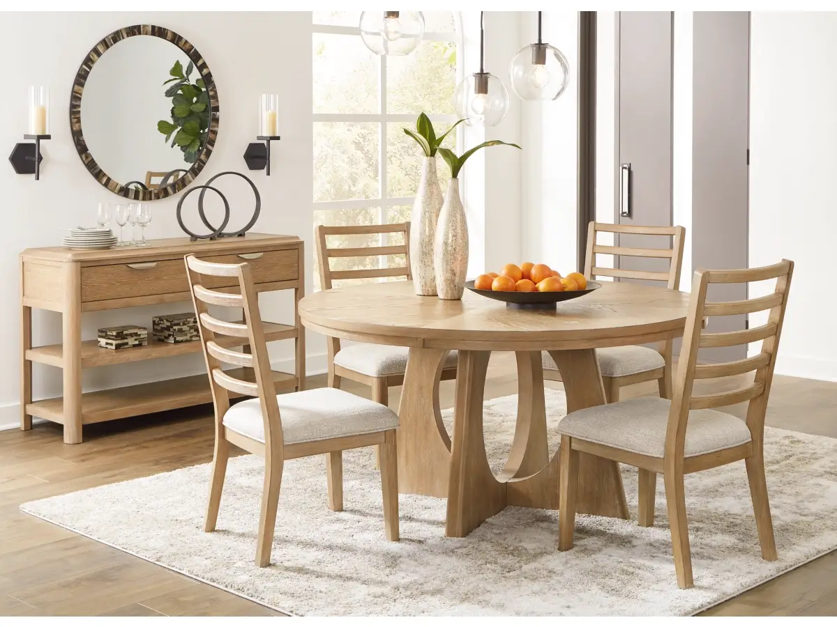 Modern wooden dining room set with round table.