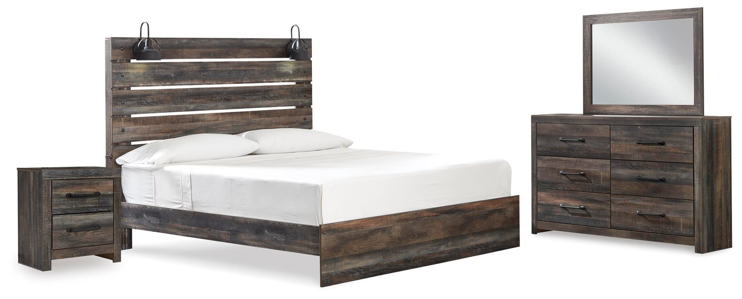 851a0bdc6095568db0f8cb89d5e8e282 Drystan King Panel Bed, Dresser, Mirror, and Nightstand - Image 1