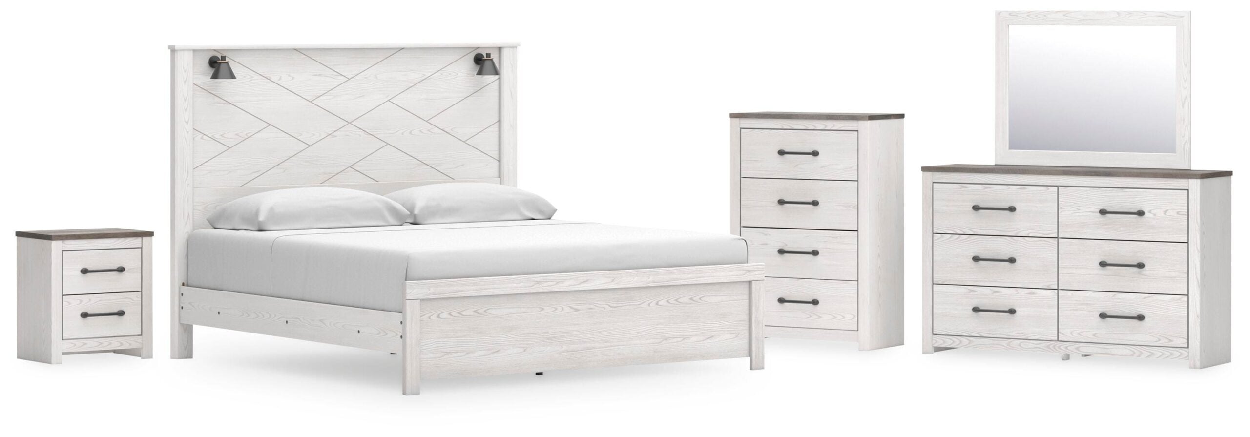90e59a84db1a71673afa2c8932695e0c Gerridan King Panel Bed, Dresser, Mirror, Chest, and Nightstand - Image 1