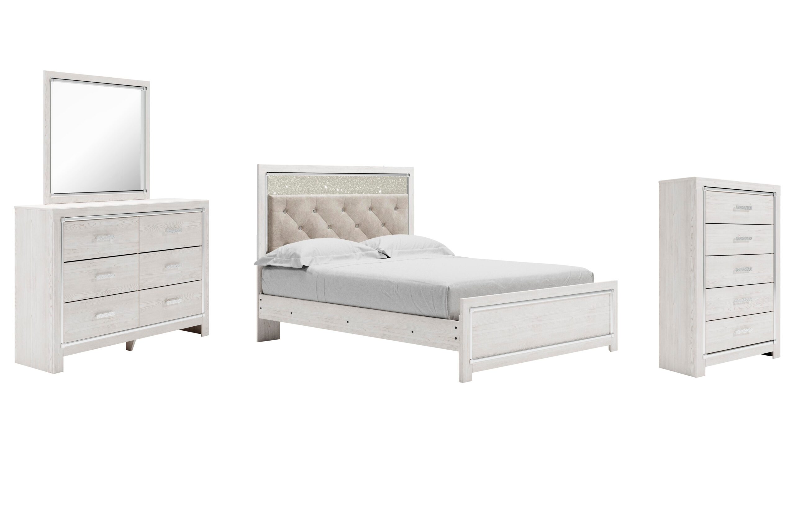 e03c0cc175c6676d4129978bbc06d982 Altyra Queen Upholstered Panel Bed, Dresser, Mirror, and Chest - Image 1